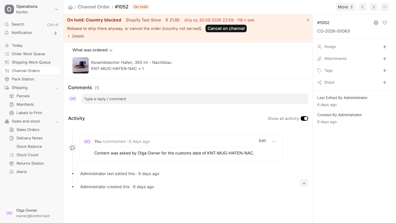 Kontor Channel Order showing a sample country restriction and owner decision