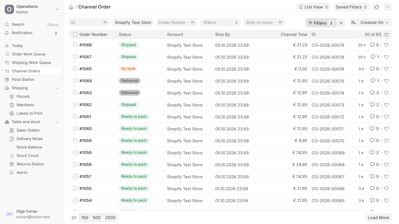 Kontor Channel Orders screen with synthetic orders in different fulfillment states