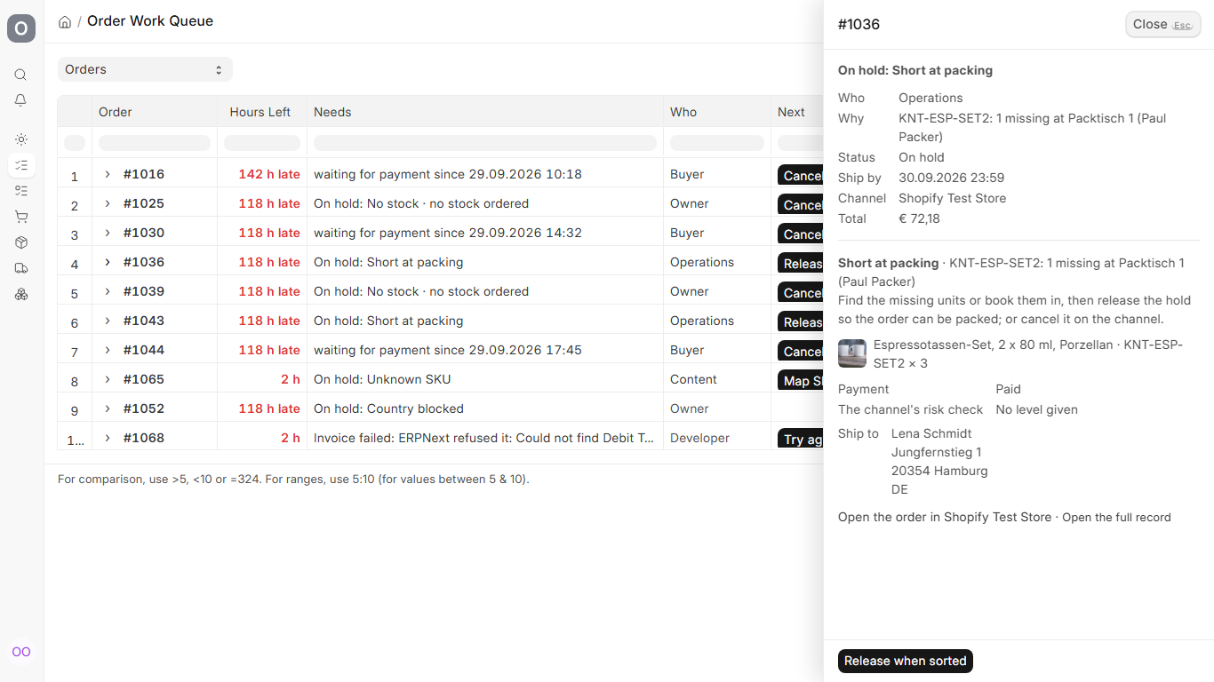 Kontor Order Work Queue panel showing the cause and next action for sample order 1036